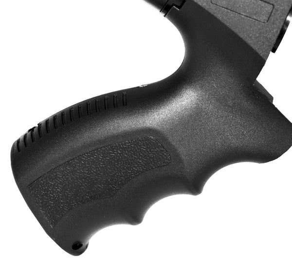 Close-up of a black gun grip on a white background