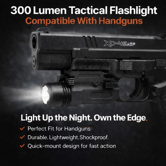 Tactical flashlight attached to a handgun with product details on a dark background