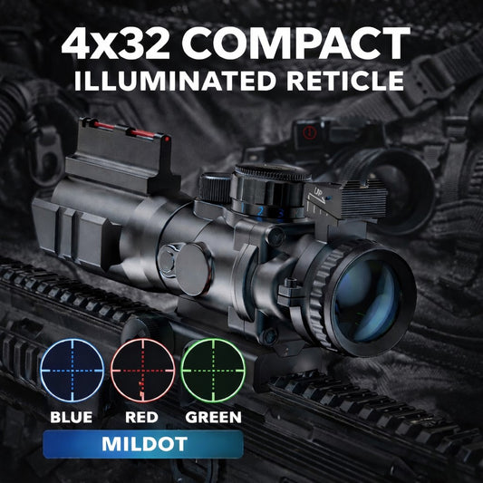 4×32 Tactical Scope with Red, Green & Blue Illuminated Mil-Dot Reticle – Picatinny Rail Compatible