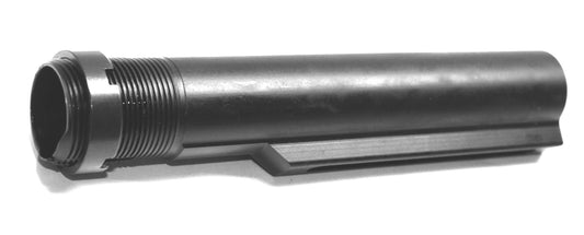 Black 6-position buffer tube for AR-15 with castle nut combo, made of 7075 aluminum with a hardcoat anodized finish.