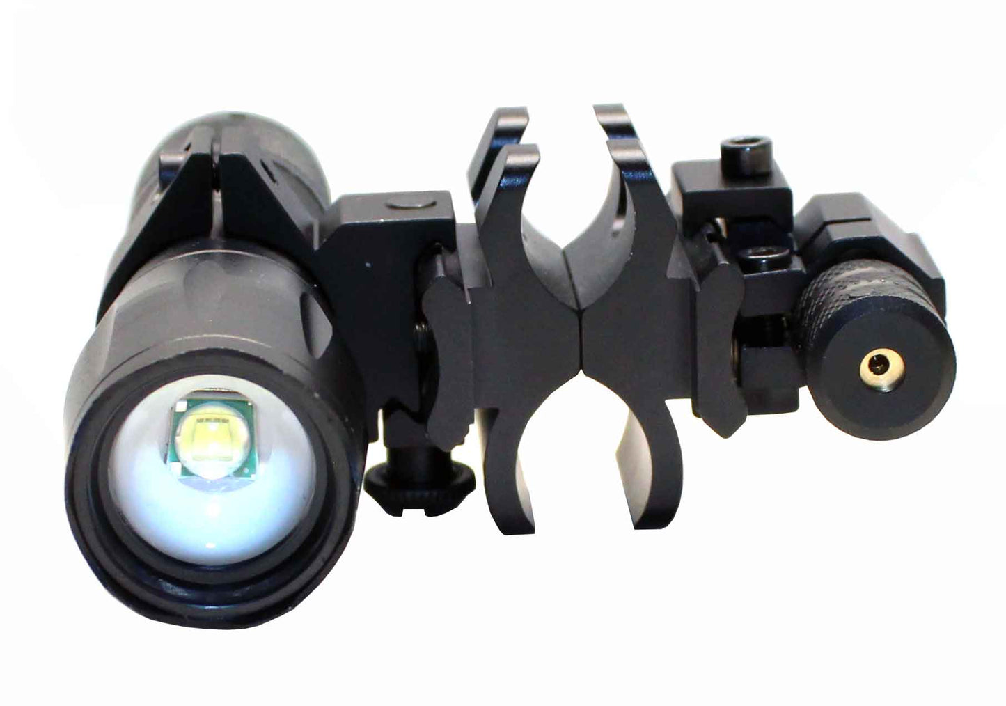 Tactical flashlight with red laser combo compatible with 12-gauge pumps.