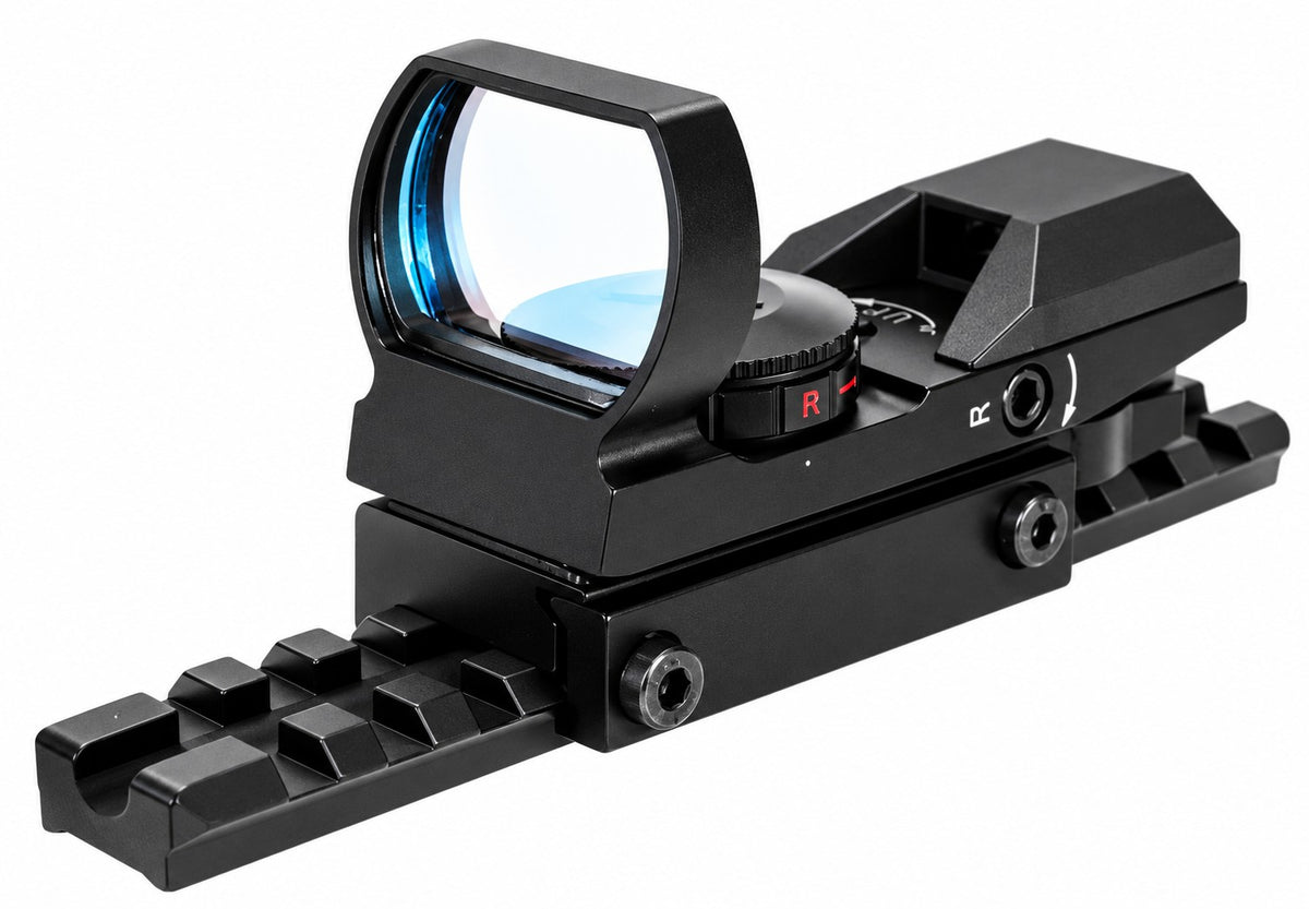 A black tactical red dot sight mounted on a matching black rail, shown against a solid white background.