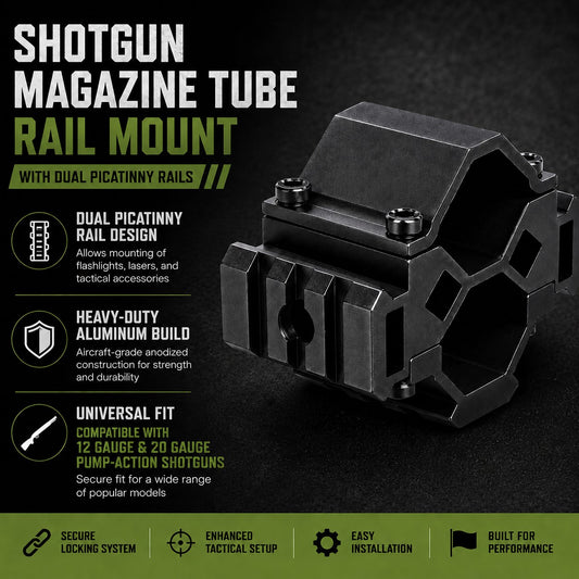 12 Gauge Shotgun Magazine Tube & Barrel Mount – Triple Picatinny Rail Aluminum Accessory Adapter