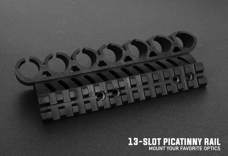 Mossberg 590 shockwave 20-Gauge Shell Carrier with Picatinny Rail Mount.