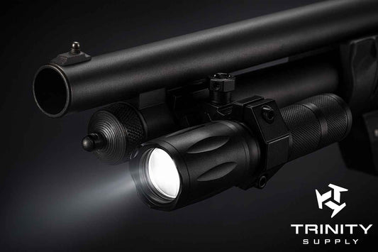 1000 Lumen flashlight with mount compatible with Mossberg 590A1 12-Gauge.