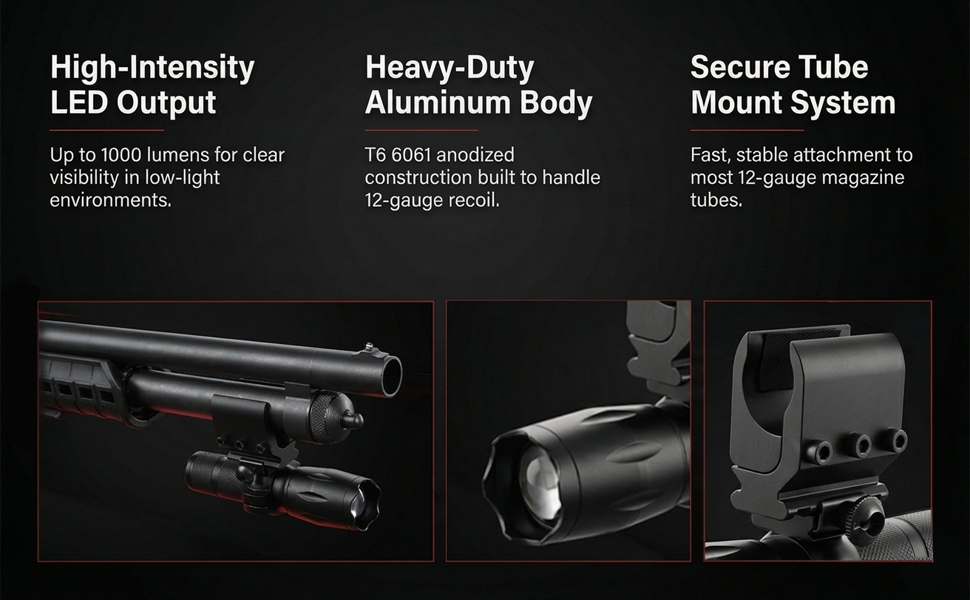 1000 Lumen Tactical Flashlight with Magazine Tube Mount Compatible with Mossberg 500 20 Gauge – Aluminum Hunting & Home Defense Light