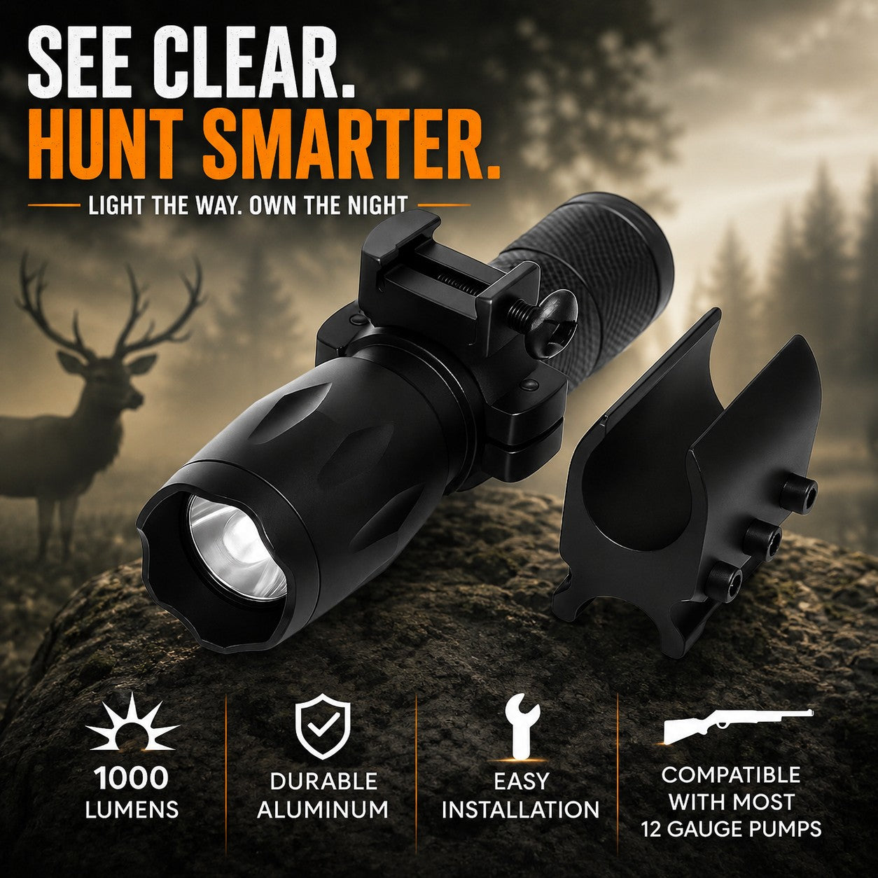 1000 Lumen Tactical Flashlight with Magazine Tube Mount Compatible with Mossberg 500 20 Gauge – Aluminum Hunting & Home Defense Light