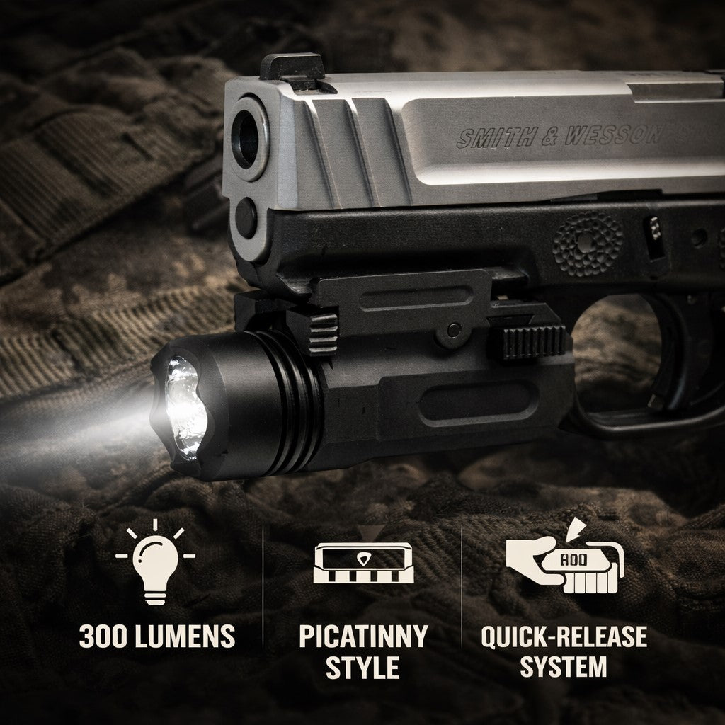 300 Lumen Tactical Flashlight Compatible with Glock G41 Gen4 – Quick Release Picatinny Rail Weapon Light