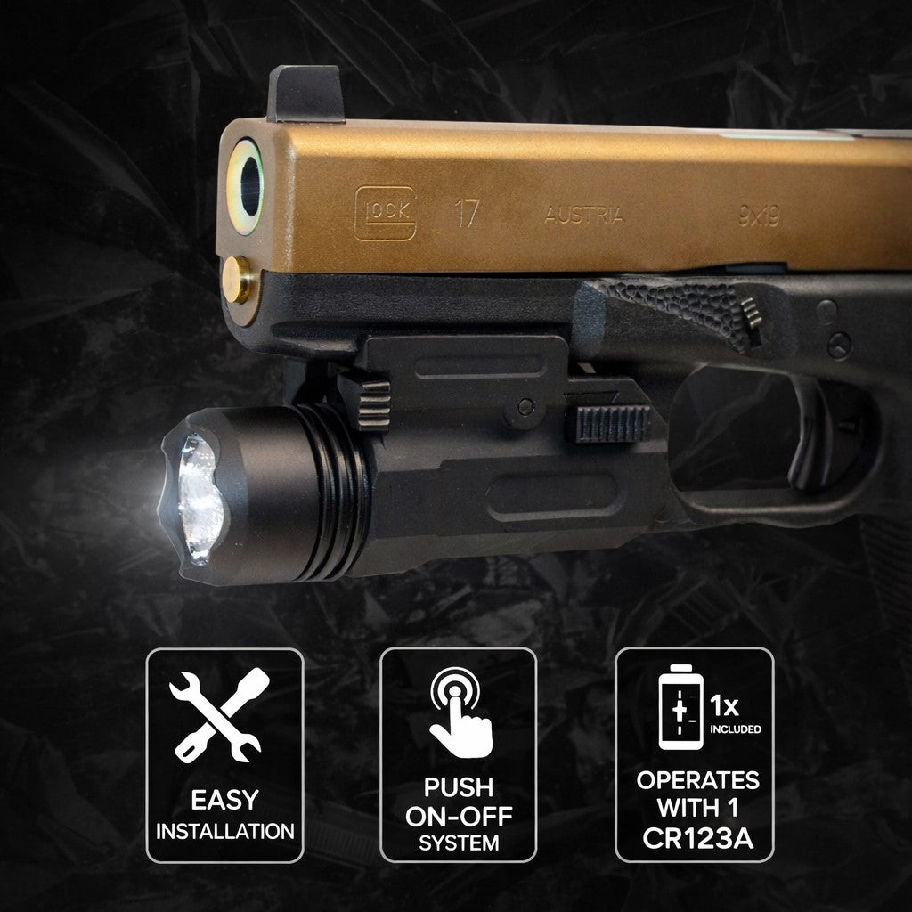 300 Lumen Tactical Flashlight Compatible with Glock G41 Gen4 – Quick Release Picatinny Rail Weapon Light