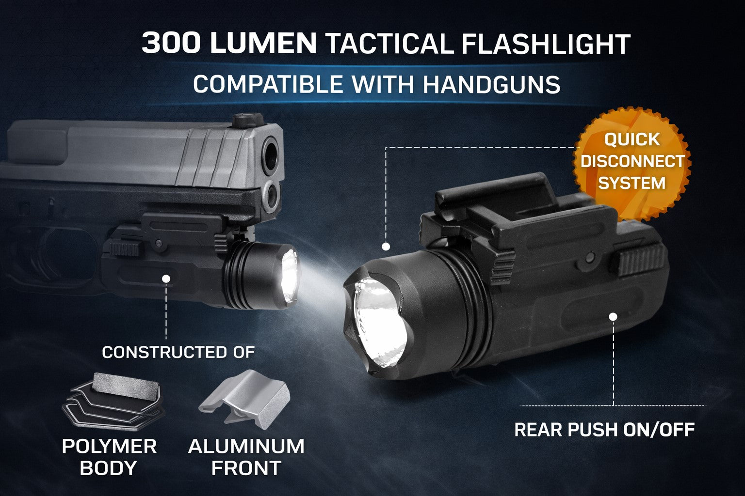 300 Lumen Tactical Flashlight Compatible with Glock G41 Gen4 – Quick Release Picatinny Rail Weapon Light