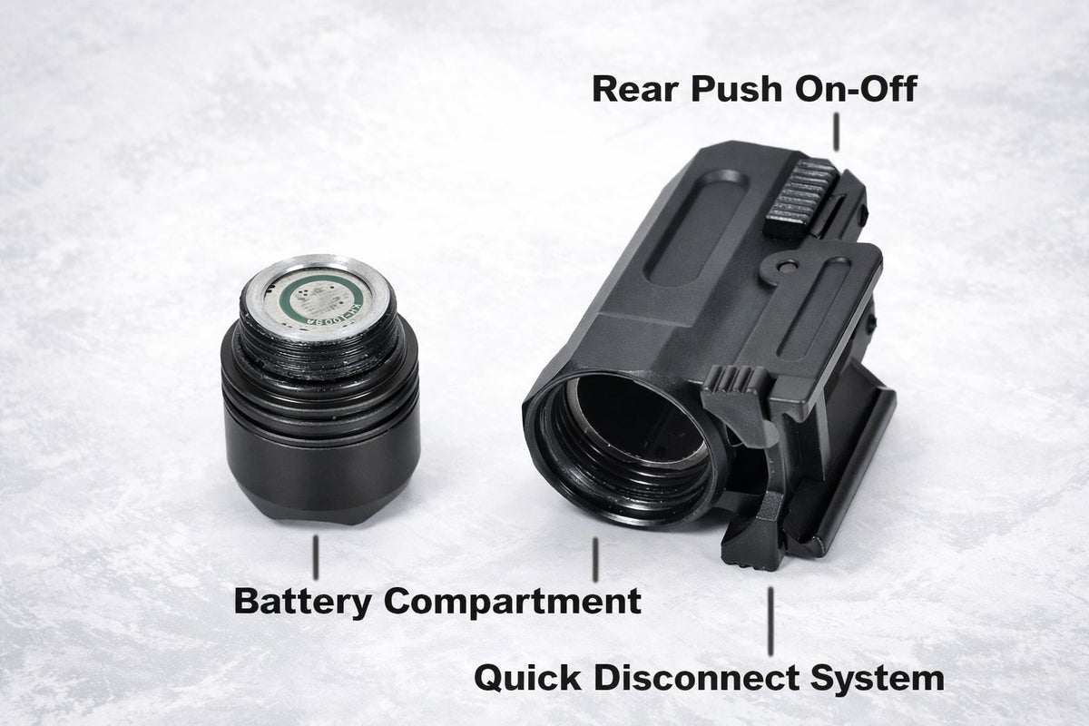 Black flashlight with labeled parts on a white background