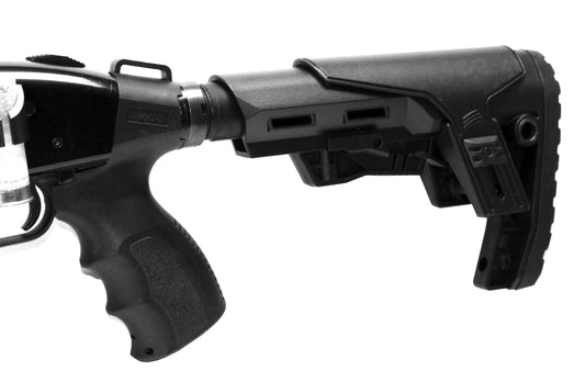 Mossberg 500A 12 gauge shotgun collapsible stock Apache style black.