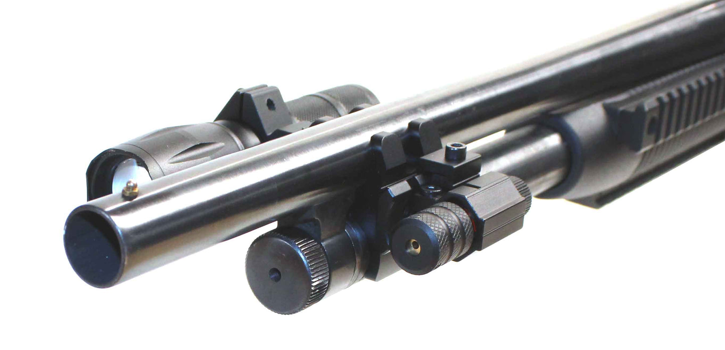 Tactical flashlight with red laser combo compatible with 20-gauge pumps.