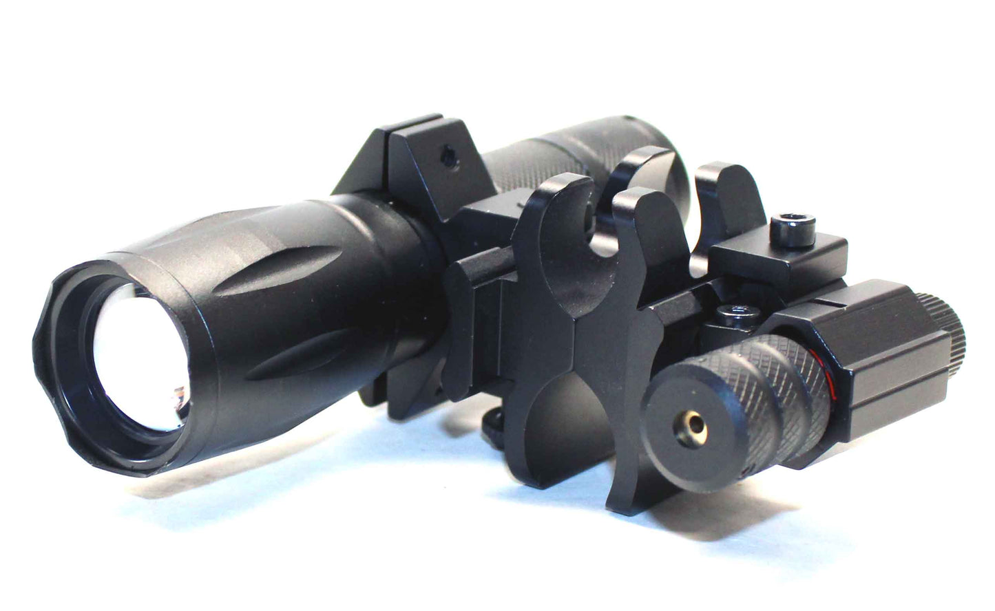 Tactical flashlight with red laser combo compatible with 20-gauge pumps.