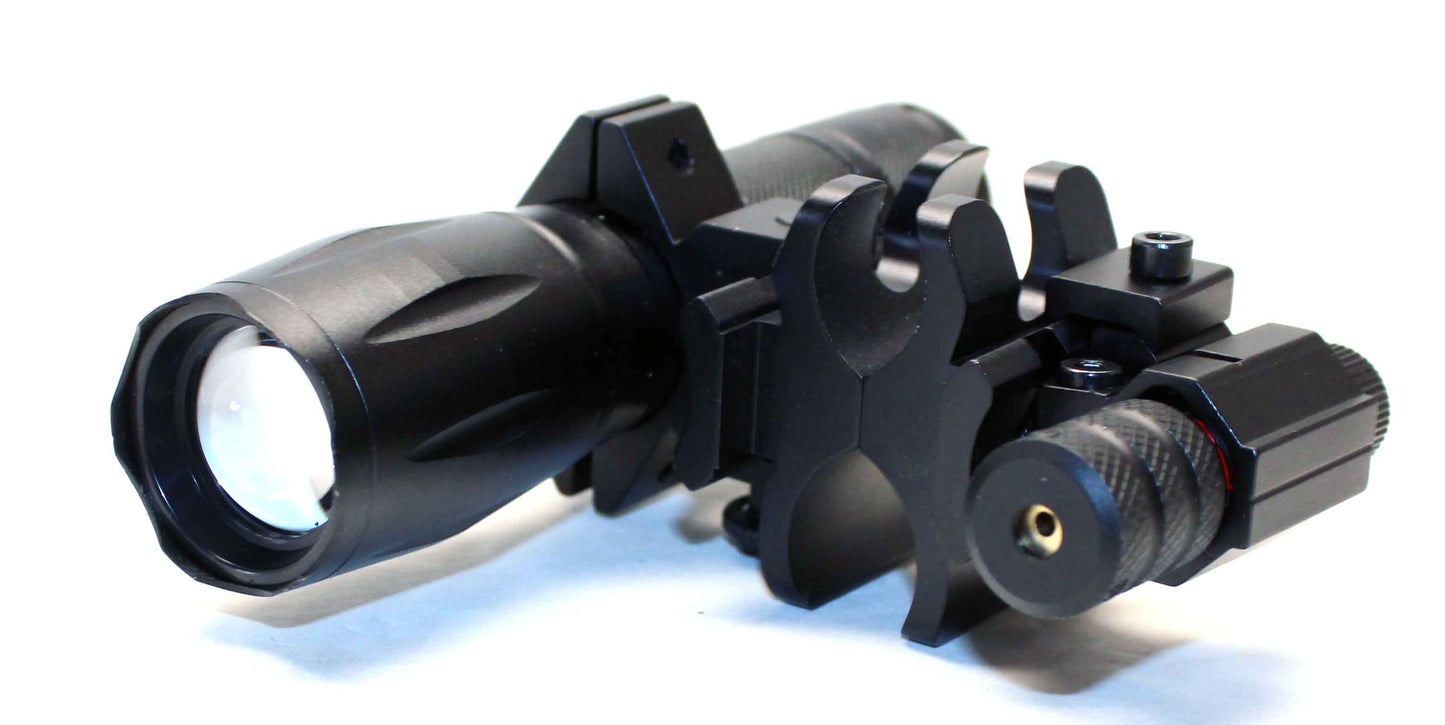 Tactical flashlight with red laser combo compatible with 20-gauge pumps.