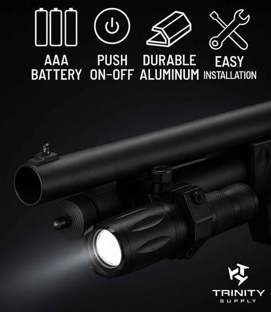 1000 Lumen flashlight with mount compatible with Mossberg 590S 12-Gauge.