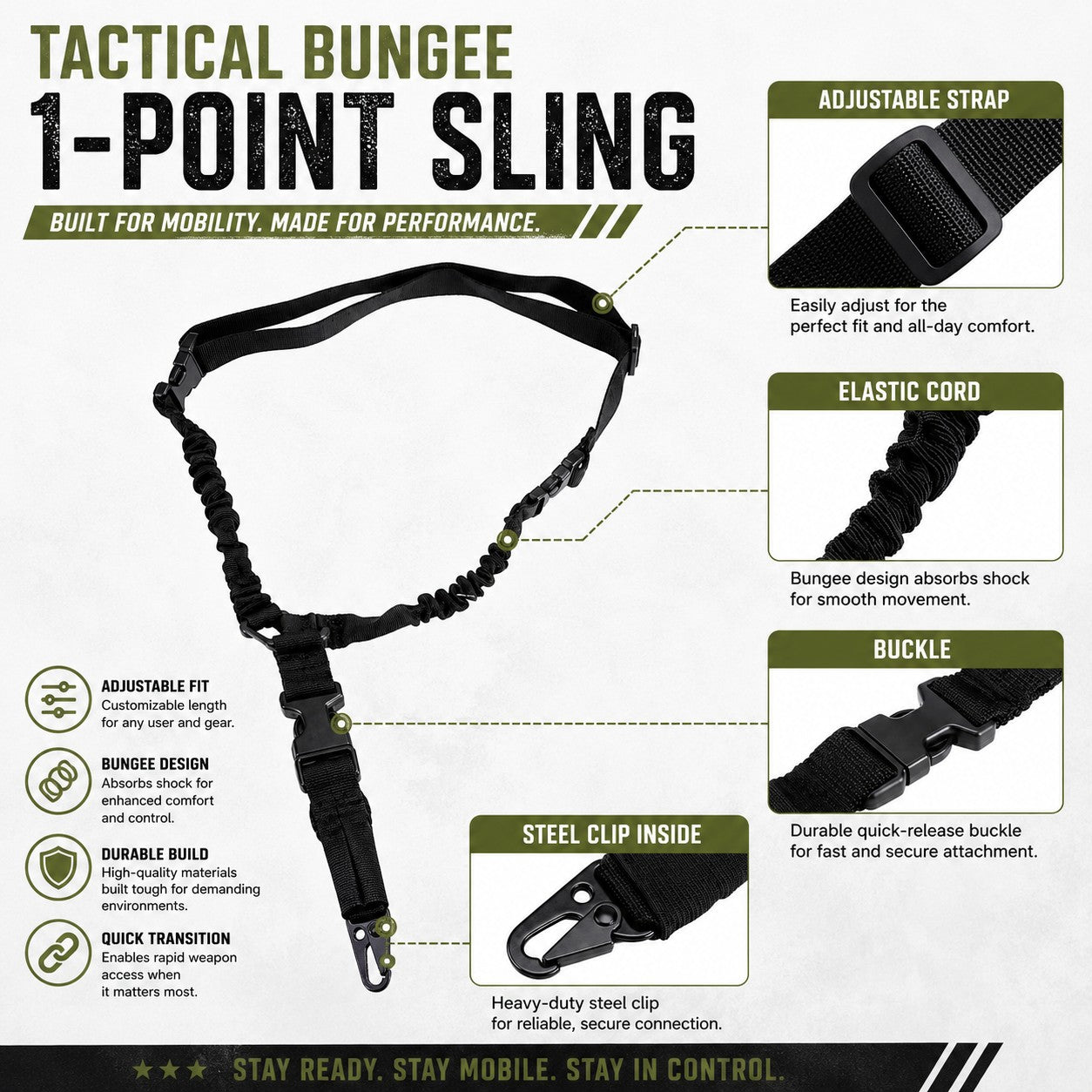 TRINITY One Point Bungee Sling with Quick Detach Hook Tactical Black Sling