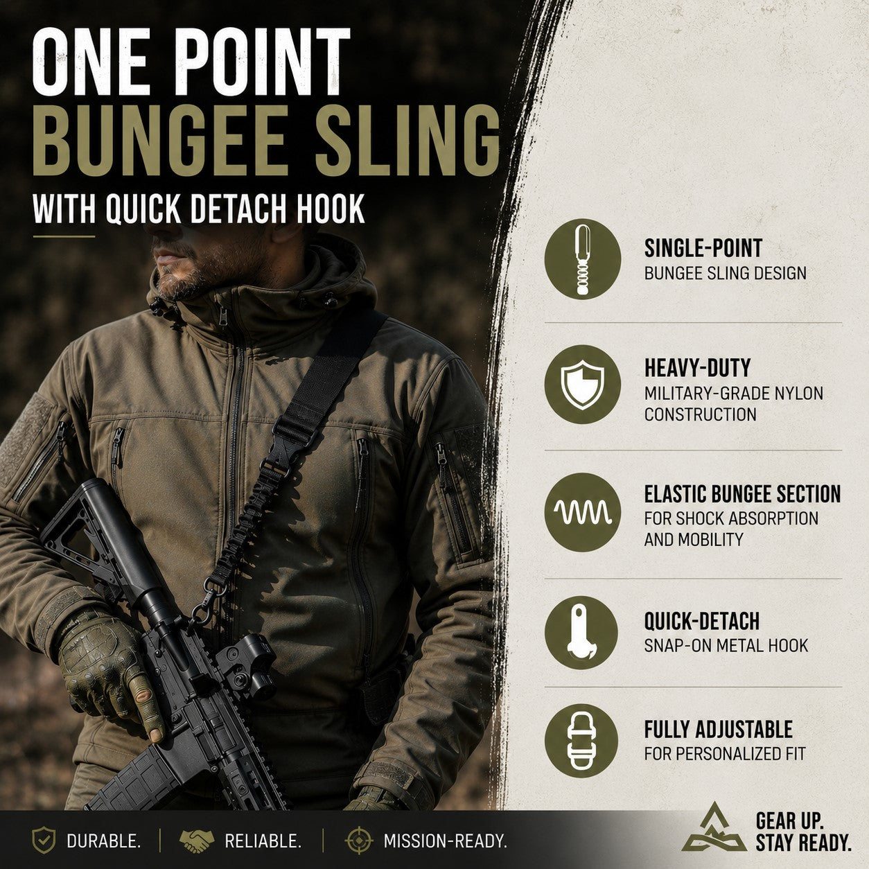 One Point Bungee Sling with Quick Detach Hook – Tactical Single Point Sling Black