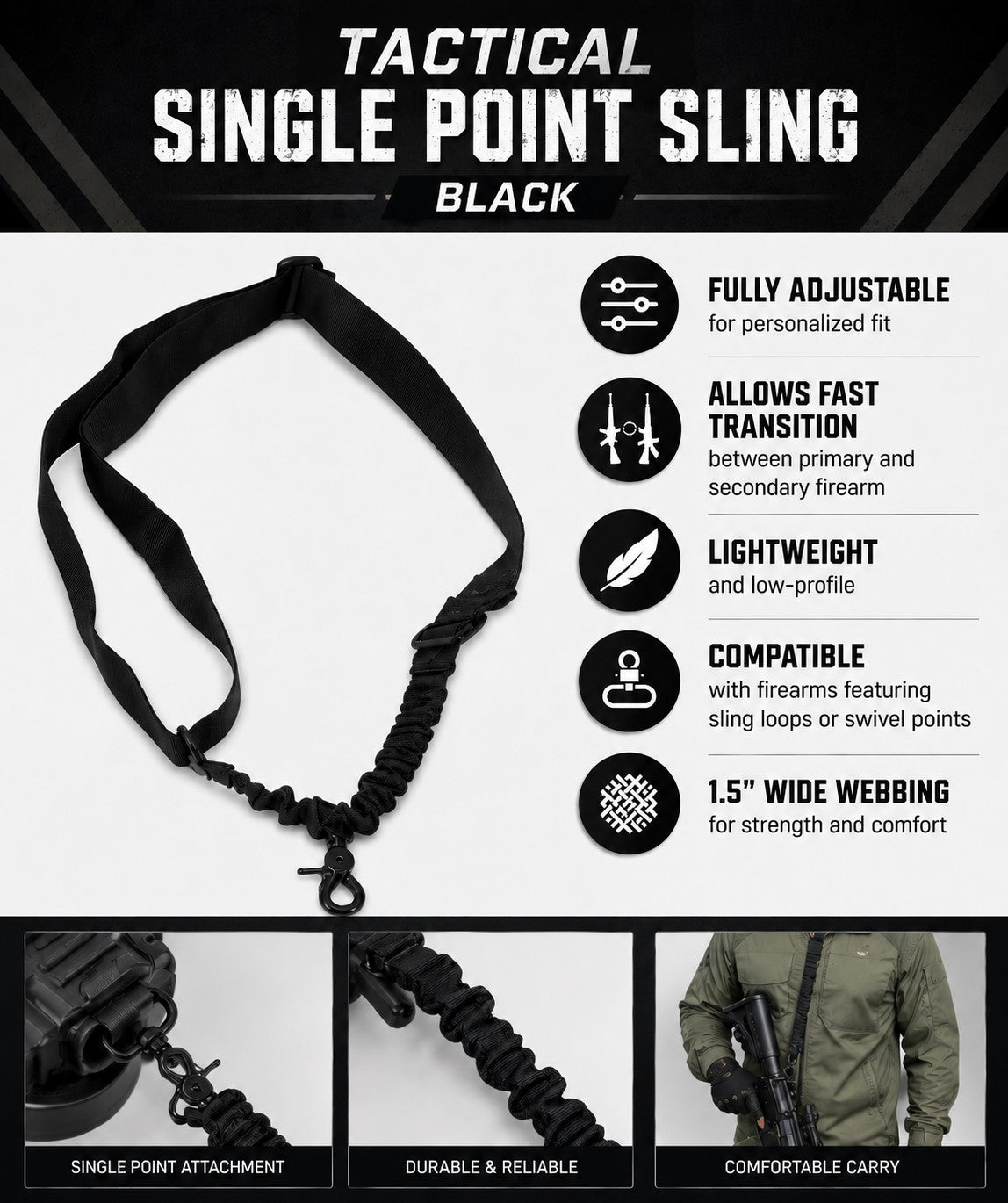 One Point Bungee Sling with Quick Detach Hook – Tactical Single Point Sling Black