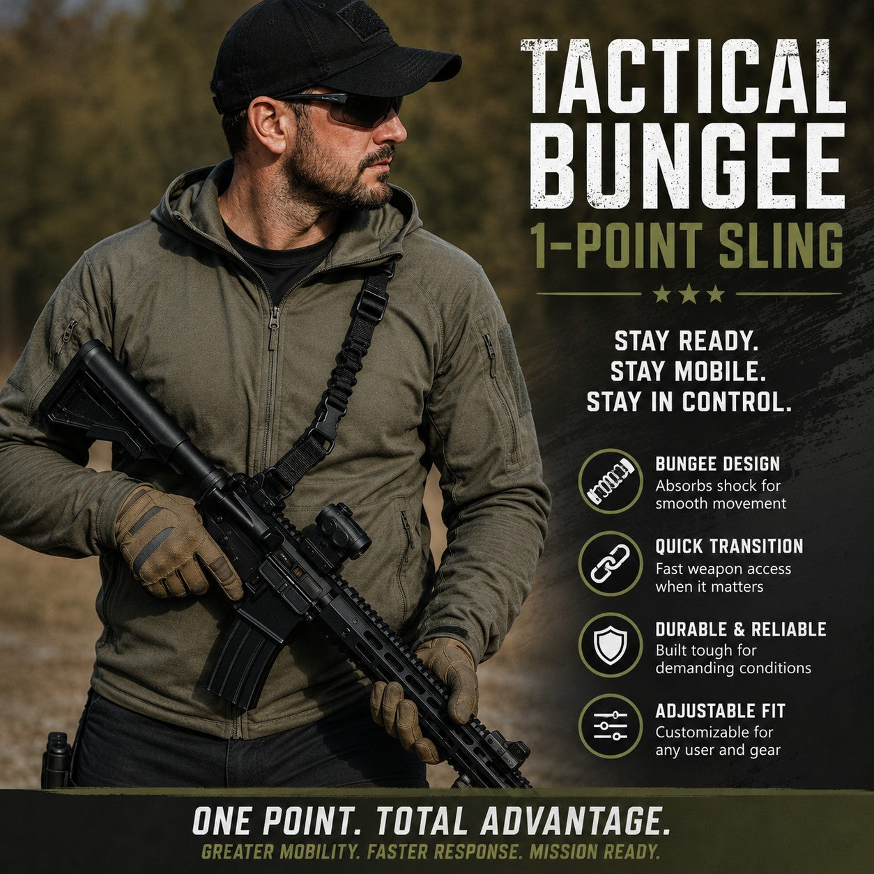 TRINITY One Point Bungee Sling with Quick Detach Hook Tactical Black Sling