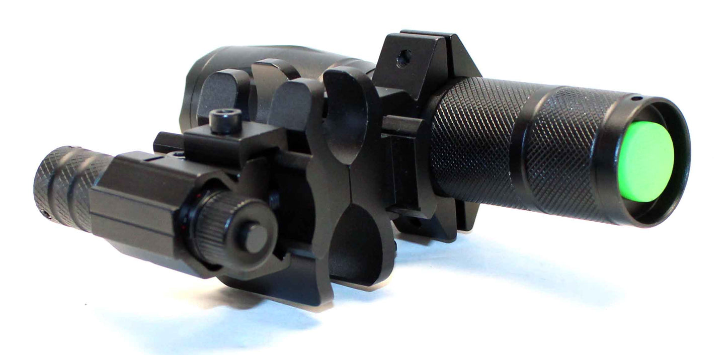 Tactical flashlight with red laser combo compatible with 20-gauge pumps.