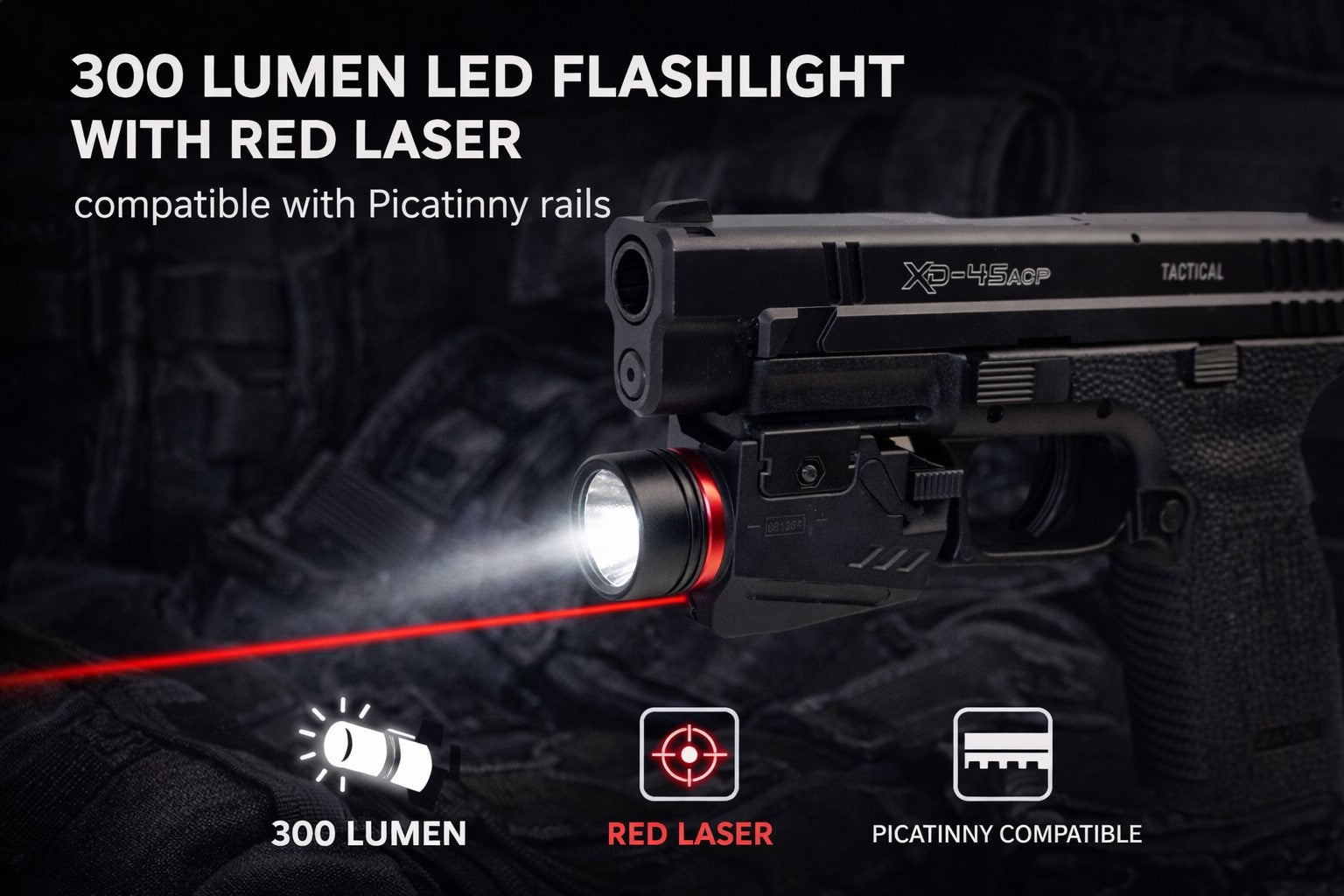 300 Lumen Tactical Flashlight with Red Laser Combo – Picatinny Rail Compatible Handgun Light