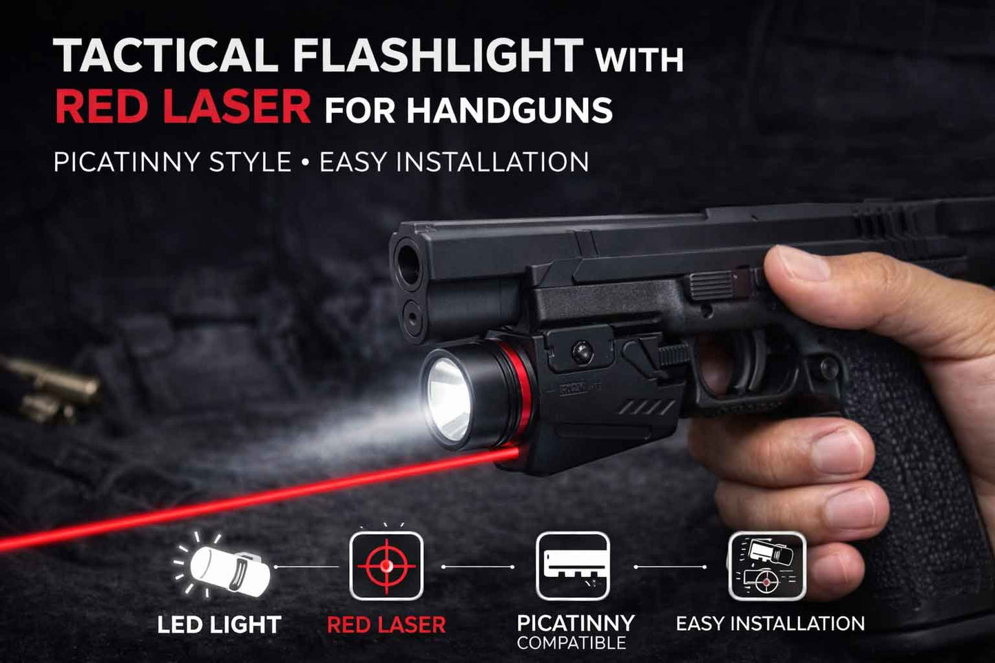 300 Lumen Tactical Flashlight with Red Laser Combo – Picatinny Rail Compatible Handgun Light