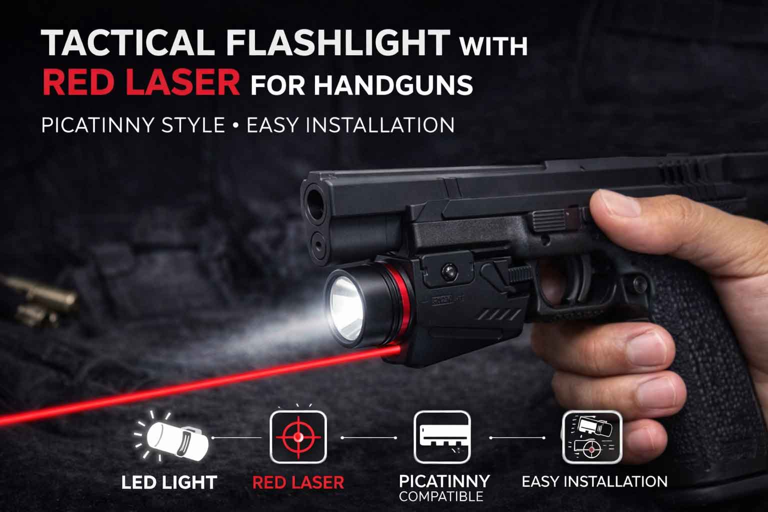 300 Lumen Tactical Flashlight with Red Laser Combo – Picatinny Rail Compatible Handgun Light
