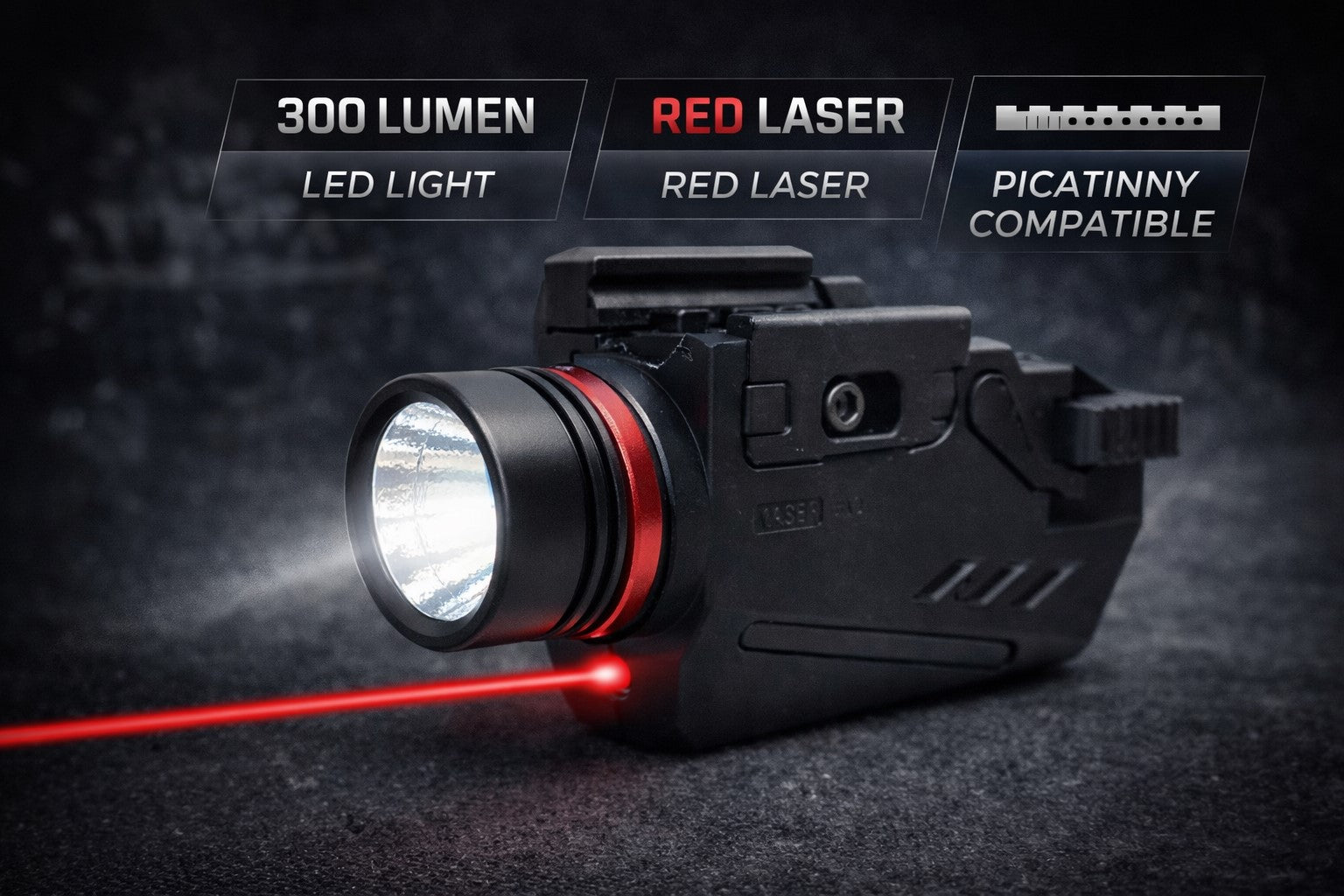 300 Lumen Tactical Flashlight with Red Laser Combo – Picatinny Rail Compatible Handgun Light