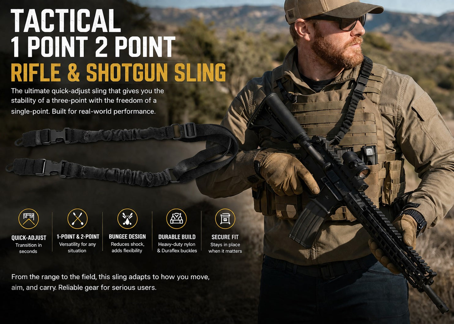 TRINITY Tactical 1 Point 2 Point Sling Black – Adjustable Bungee Rifle & Shotgun Carry Strap