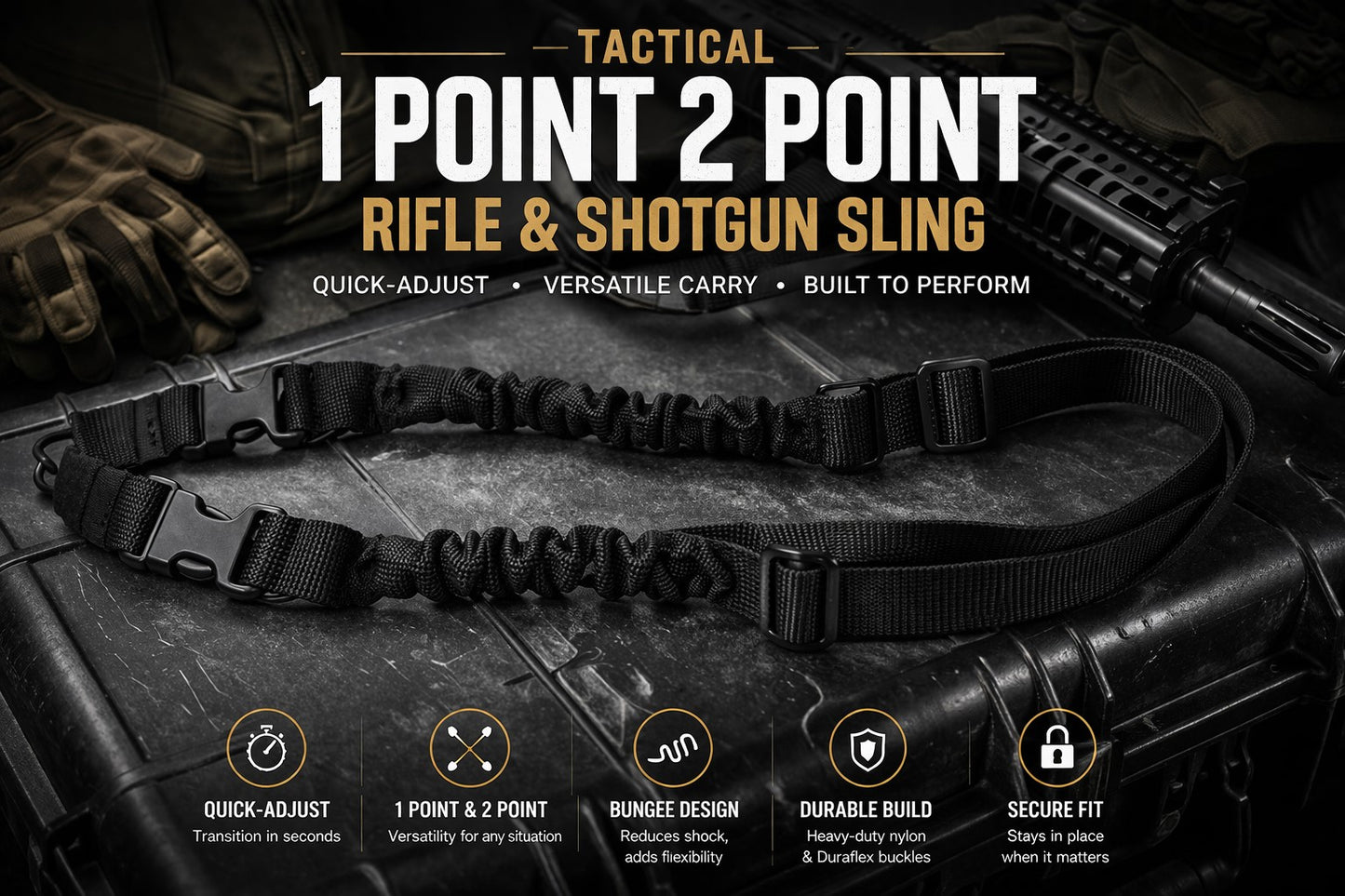 TRINITY Tactical 1 Point 2 Point Sling Black – Adjustable Bungee Rifle & Shotgun Carry Strap