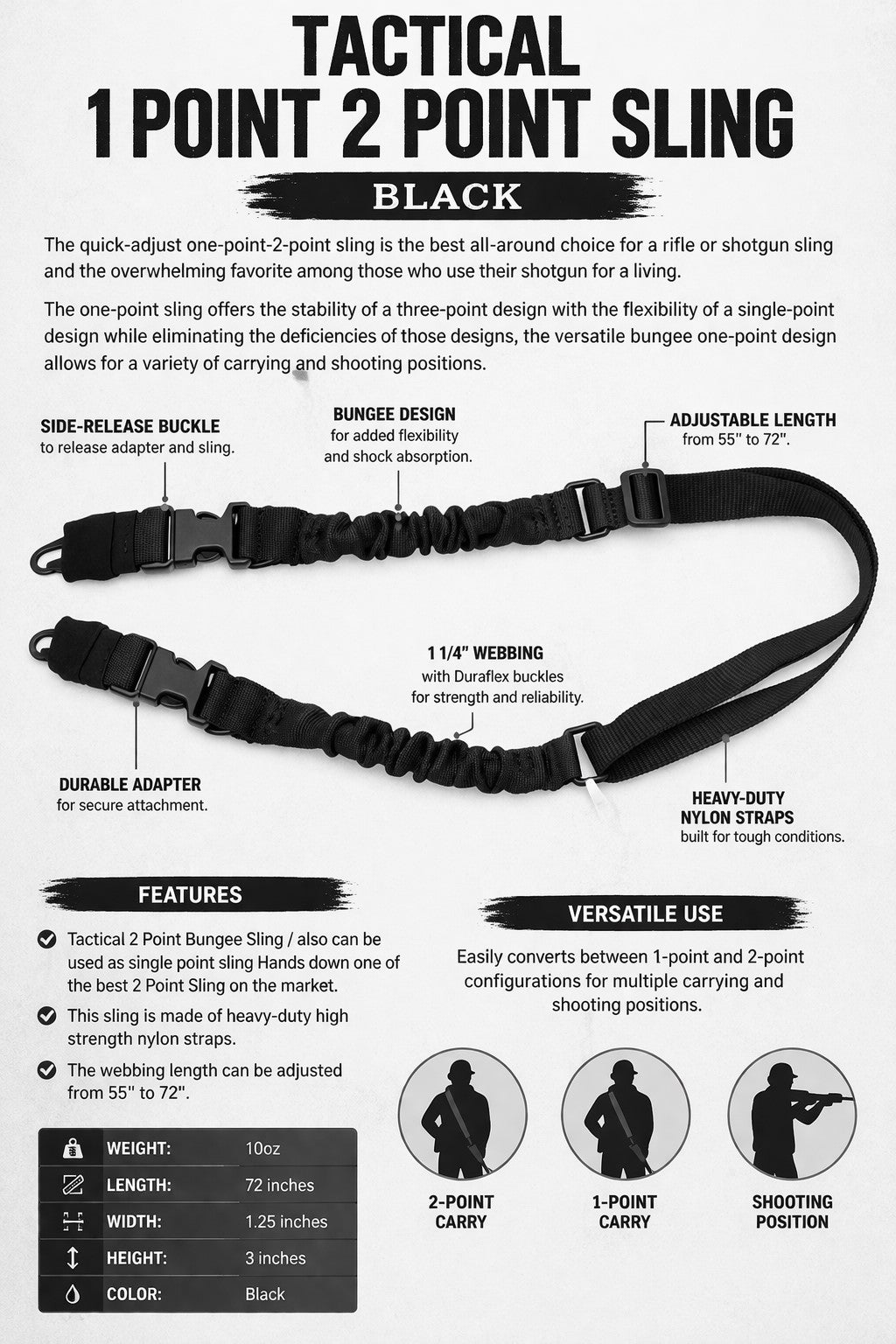TRINITY Tactical 1 Point 2 Point Sling Black – Adjustable Bungee Rifle & Shotgun Carry Strap
