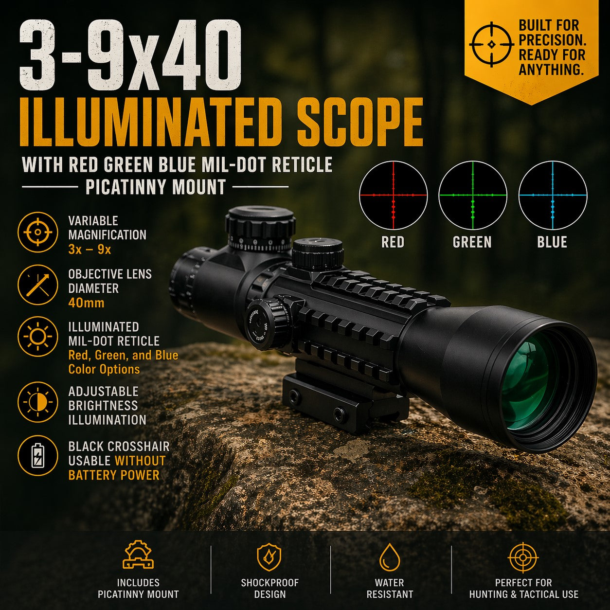 3-9x40 Illuminated Scope with Red Green Blue Mil-Dot Reticle Picatinny Mount