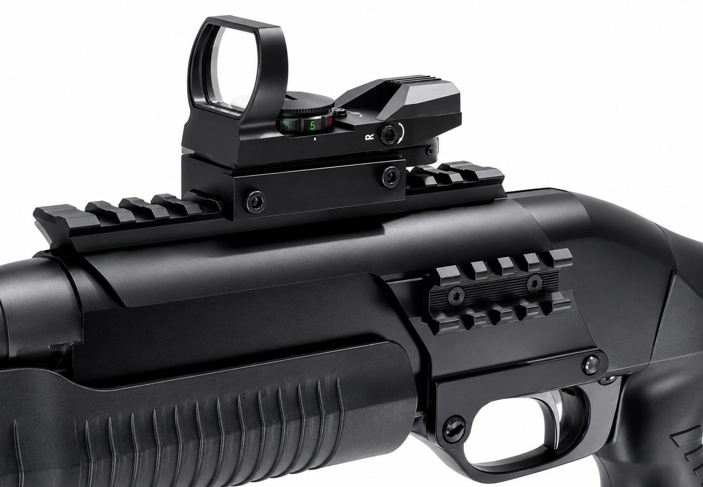 Saddle Mount Picatinny Rail with Side Rail & Reflex Sight for Stevens 320 12 Gauge