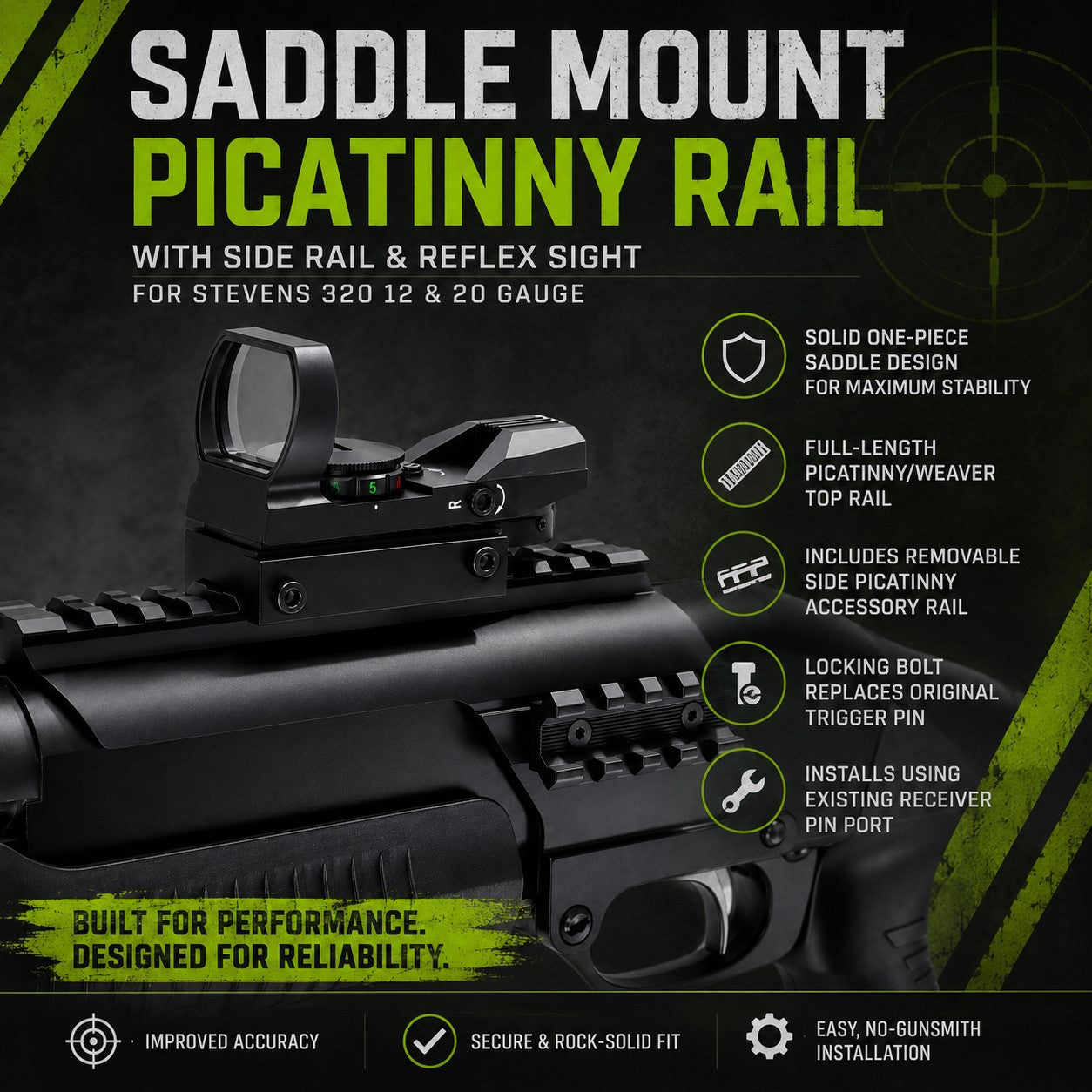 Stevens 320 12 Gauge Saddle Mount Rail with Side Rail & Reflex Sight