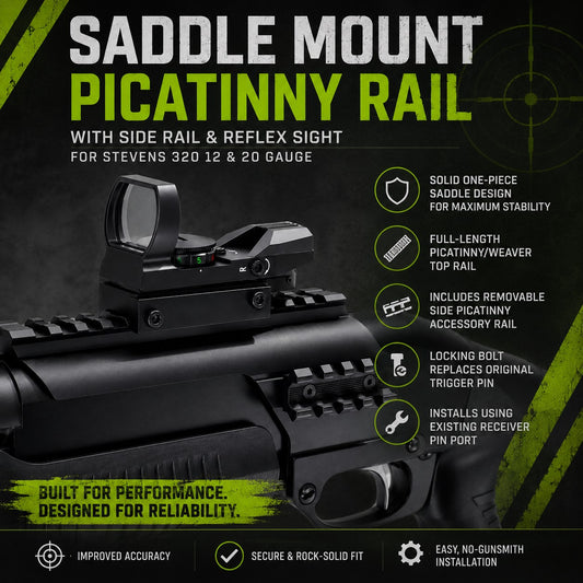 Saddle Mount Picatinny Rail with Side Rail & Reflex Sight for Stevens 320 12 Gauge