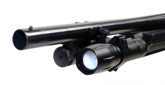 Trinity flashlight with mount compatible with 12-gauge pumps.