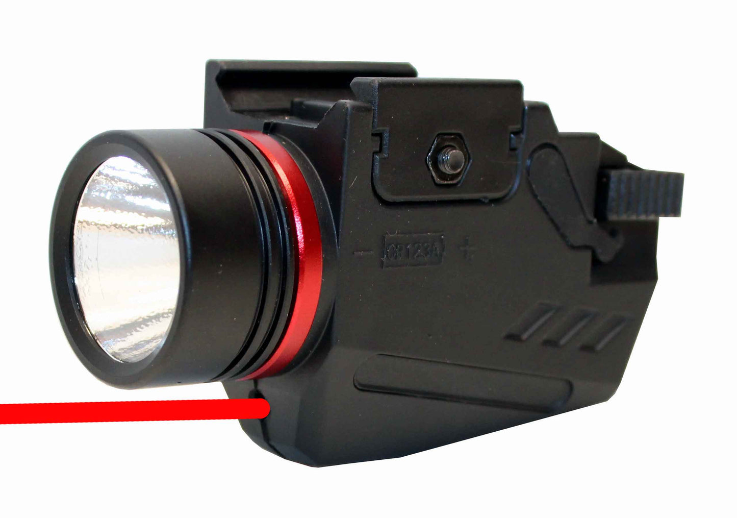 Handgun flashlight 300 lumen with red laser combo polymer body black.