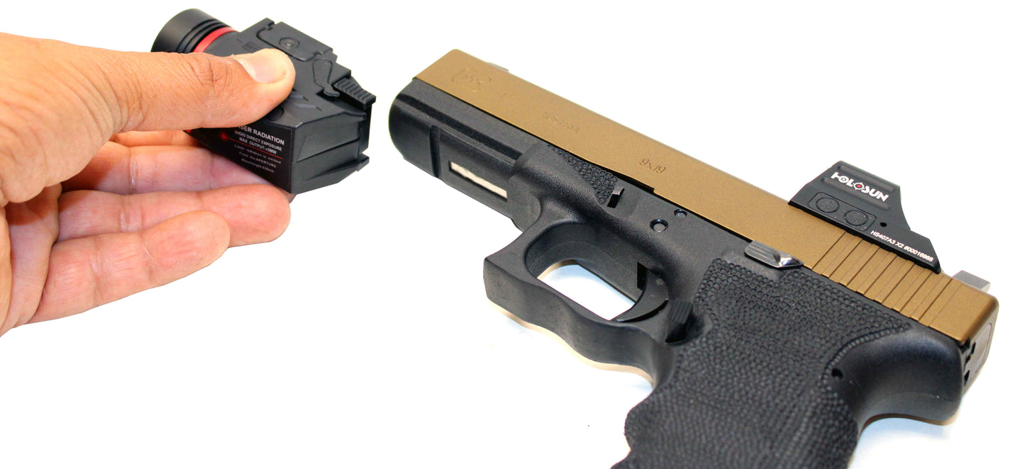 Handgun flashlight 300 lumen with red laser combo polymer body black.