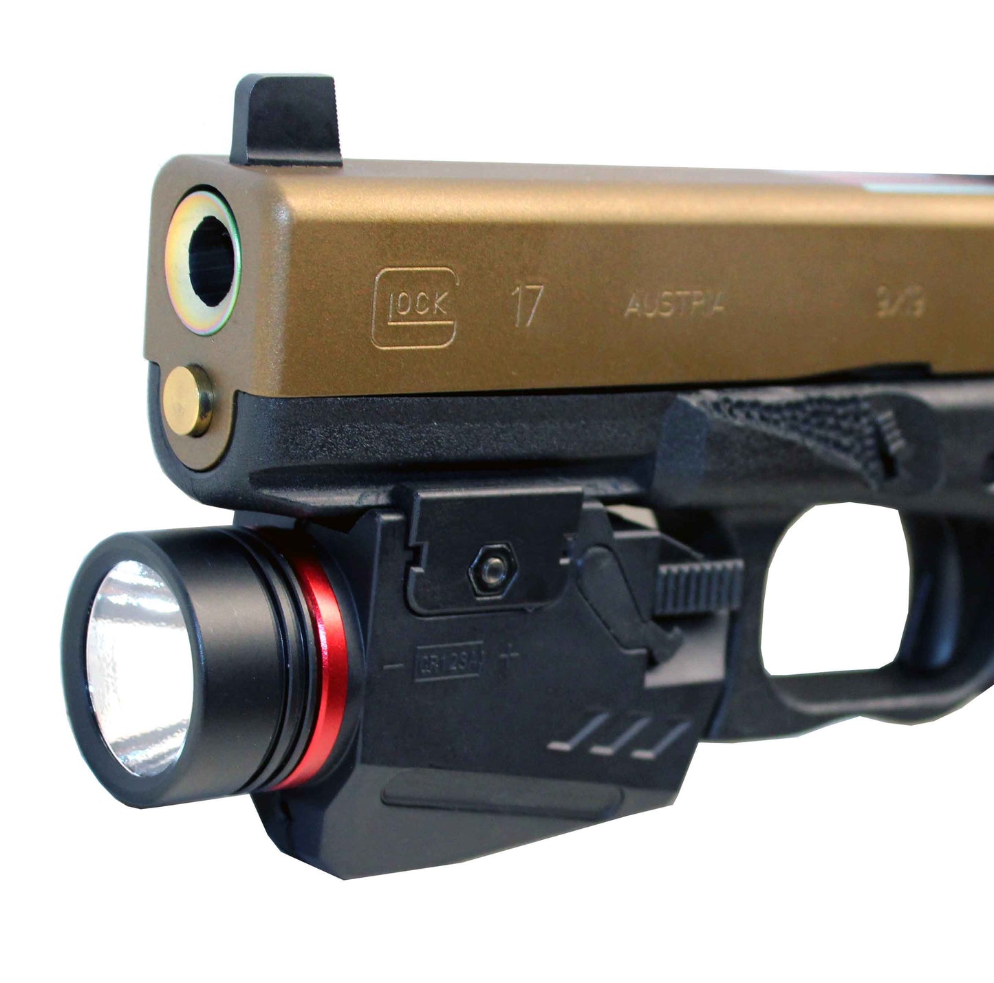Handgun flashlight 300 lumen with red laser combo polymer body black.