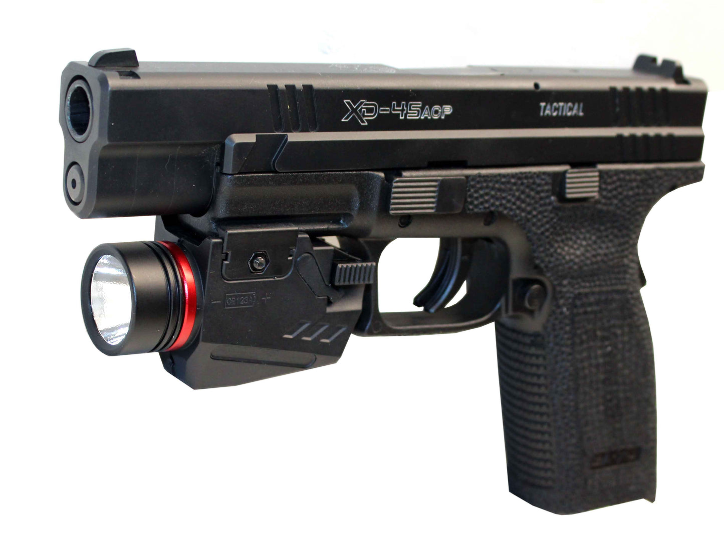Handgun flashlight 300 lumen with red laser combo polymer body black.