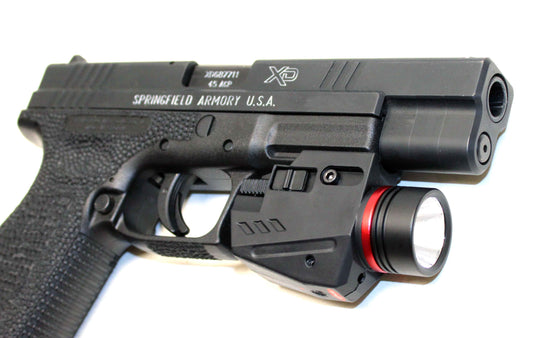 Handgun flashlight 300 lumen with red laser combo polymer body black.