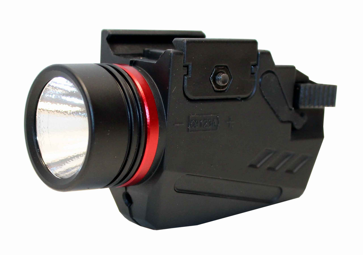 Handgun flashlight 300 lumen with red laser combo polymer body black.