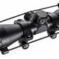 TRINITY black 4x32 optical scope with adjustable turrets, mounting rings, protective support bars and multi-coated objective lens on a white background.