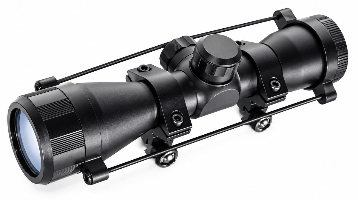 TRINITY black 4x32 optical scope with adjustable turrets, mounting rings, protective support bars and multi-coated objective lens on a white background.