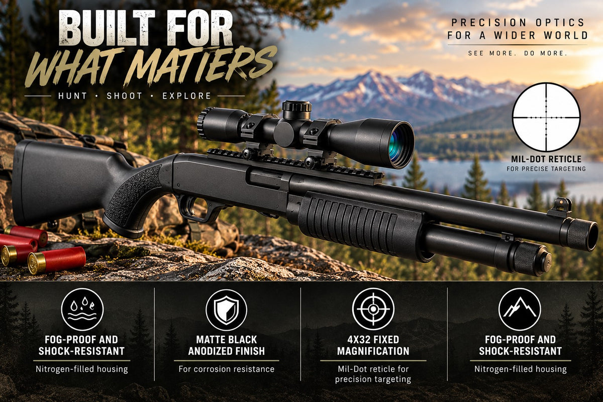 TRINITY black 4x32 optical scope with adjustable turrets, mounting rings, protective support bars and multi-coated objective lens on a white background.