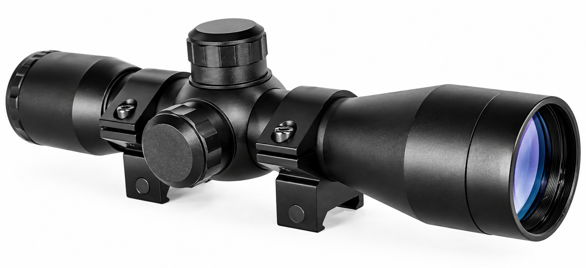 TRINITY black 4x32 optical scope with adjustable turrets, mounting rings, protective support bars and multi-coated objective lens on a white background.