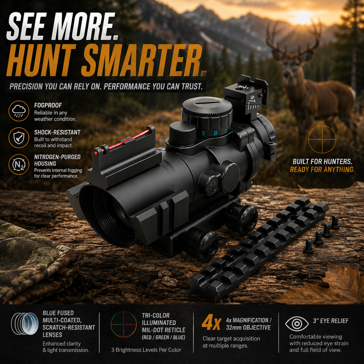 4x32 Tri-Color Mil-Dot Scope & Picatinny Mount Combo Compatible With Ruger 10/22