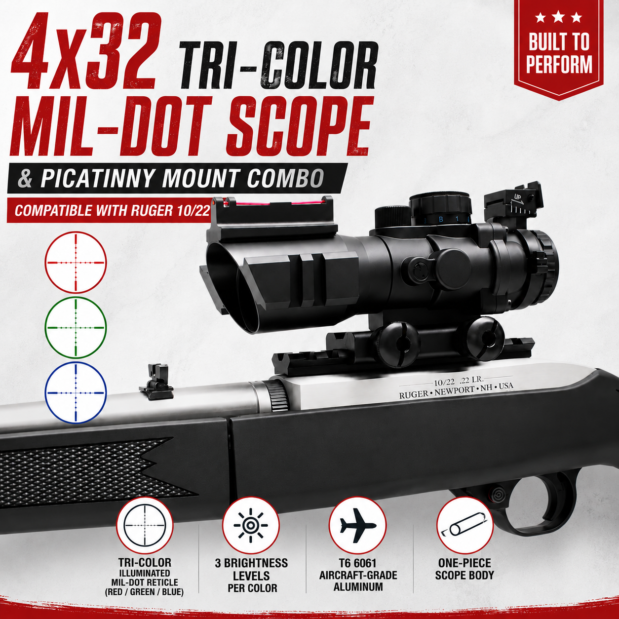 4x32 Tri-Color Mil-Dot Scope & Picatinny Mount Combo Compatible With Ruger 10/22