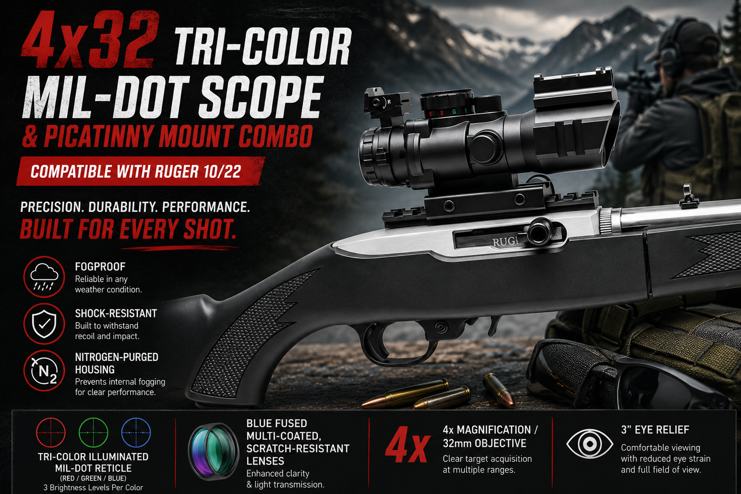 4x32 Tri-Color Mil-Dot Scope & Picatinny Mount Combo Compatible With Ruger 10/22